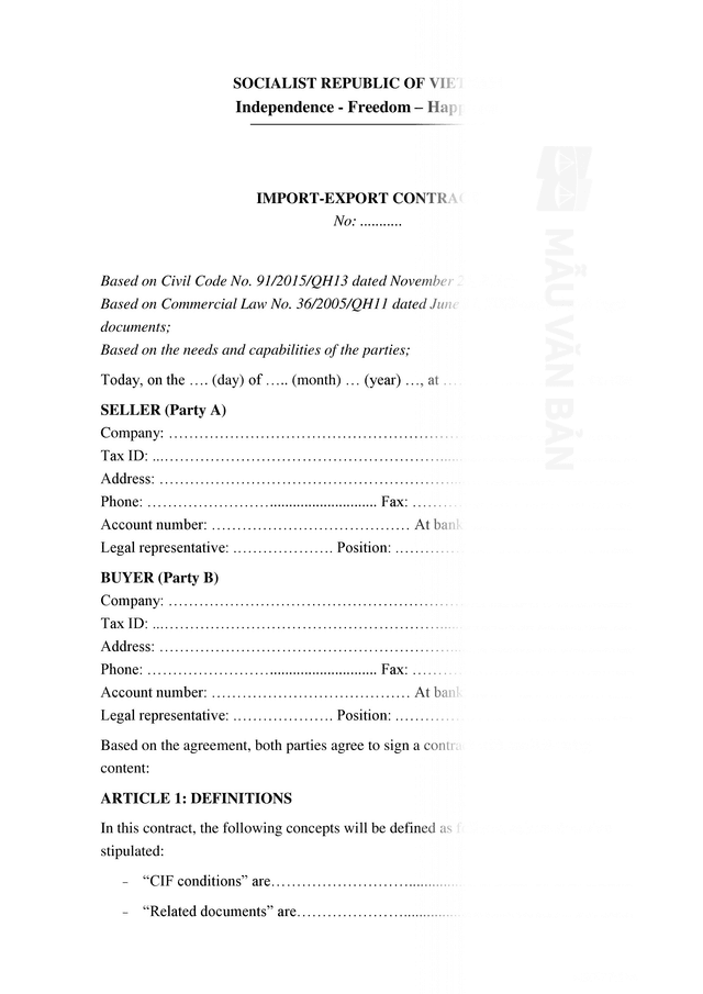 Hợp đồng xuất nhập khẩu bằng tiếng anh