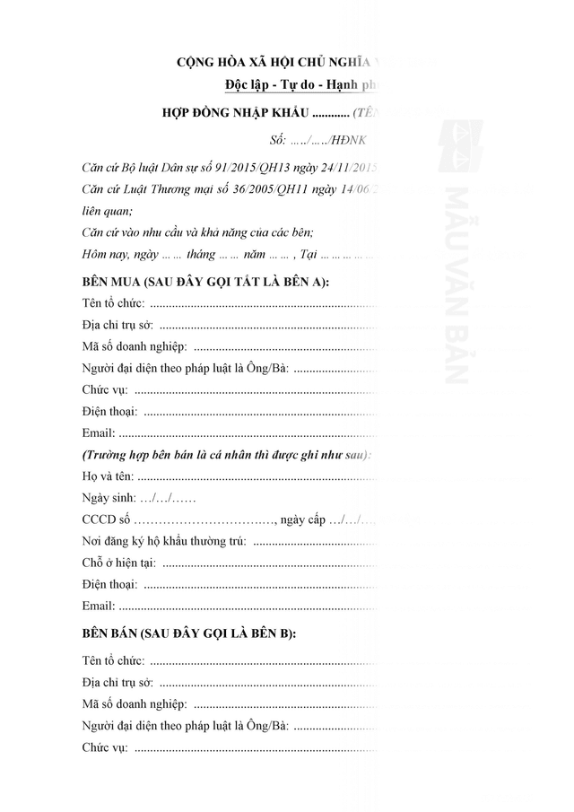 Mẫu hợp đồng nhập khẩu hàng hóa