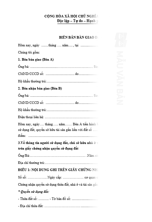 Biên bản bàn giao đất