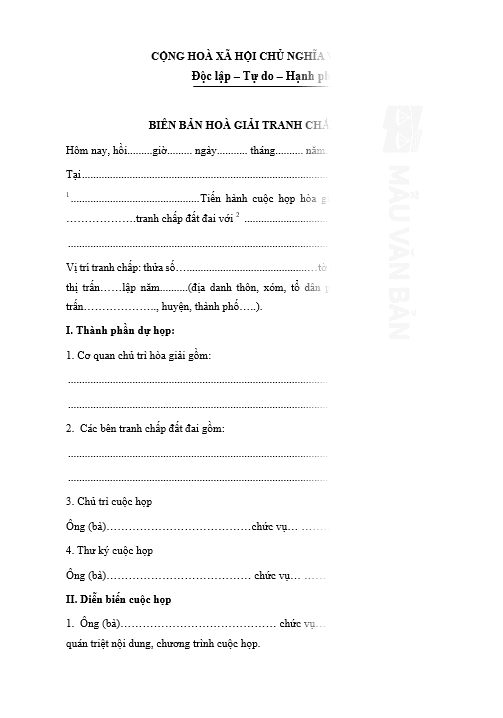 Mẫu biên bản hòa giải tranh chấp đất đai