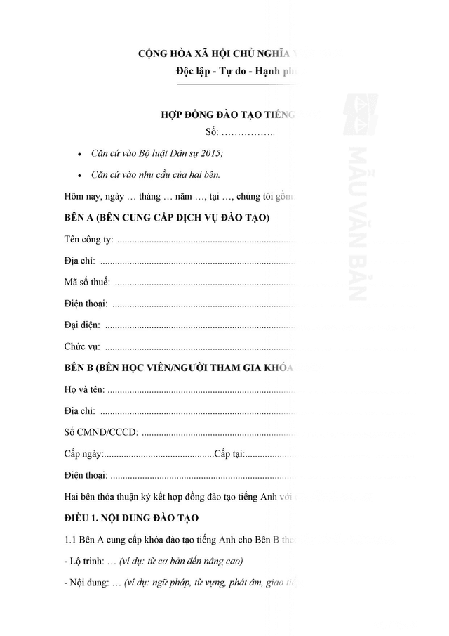 Mẫu hợp đồng đào tạo tiếng Anh