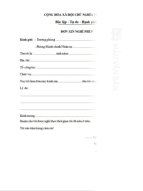 Mẫu đơn xin nghỉ việc 1 ngày