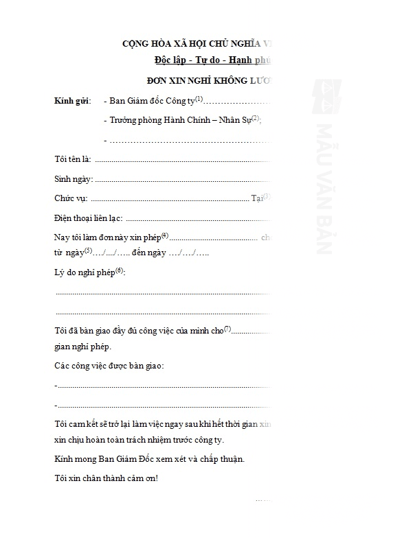 Đơn xin nghỉ không lương