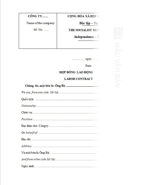 Mẫu hợp đồng lao động song ngữ