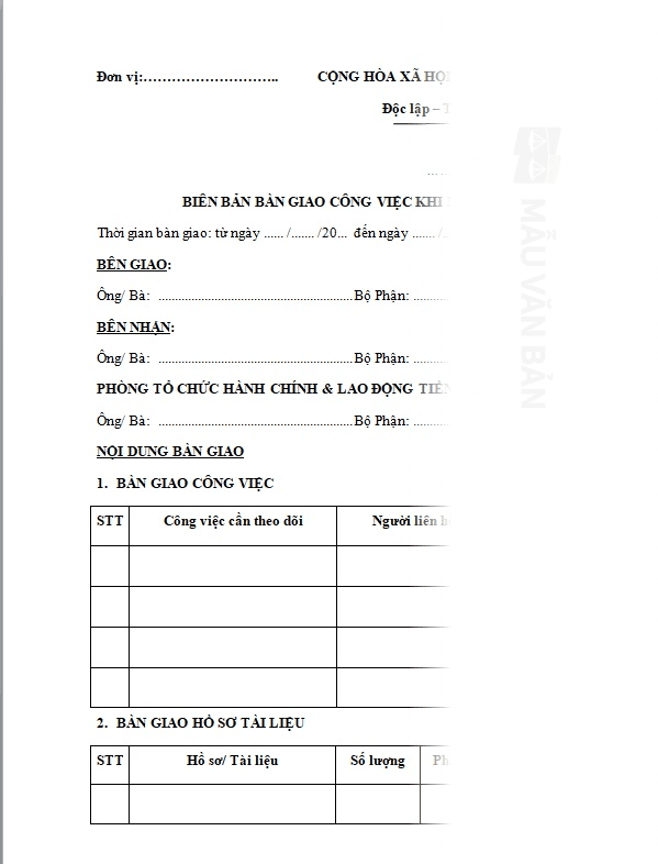 Mẫu Biên bản bàn giao công việc khi nghỉ việc