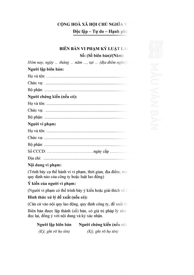 Biên bản vi phạm kỷ luật lao động