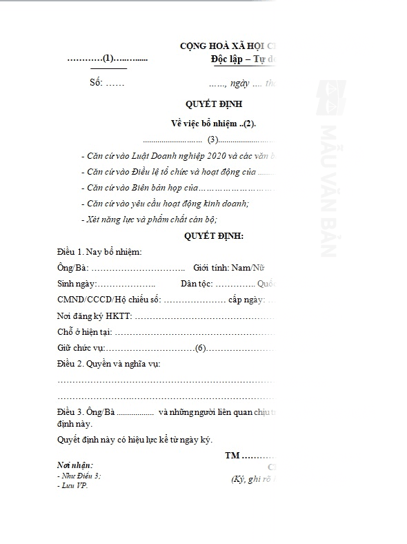Mẫu quyết định bổ nhiệm