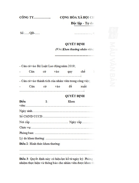 Quyết định khen thưởng nhân viên