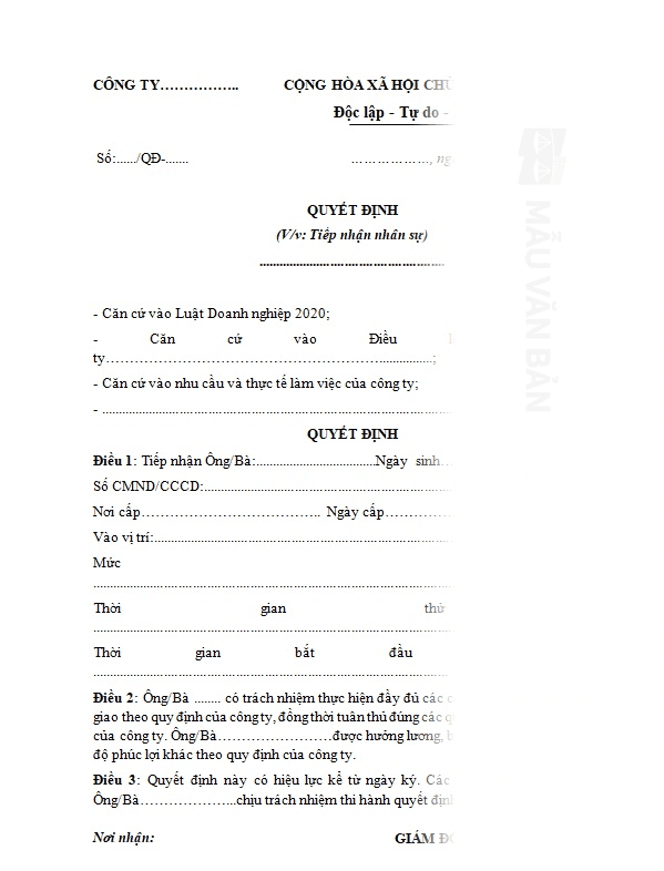 Mẫu quyết định tiếp nhận nhân sự