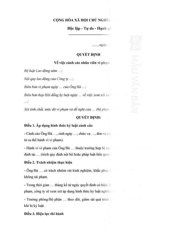 Quyết định cảnh cáo nhân viên vi phạm nội quy