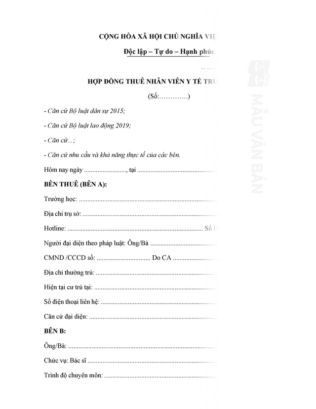 Hợp đồng thuê nhân viên y tế trường học