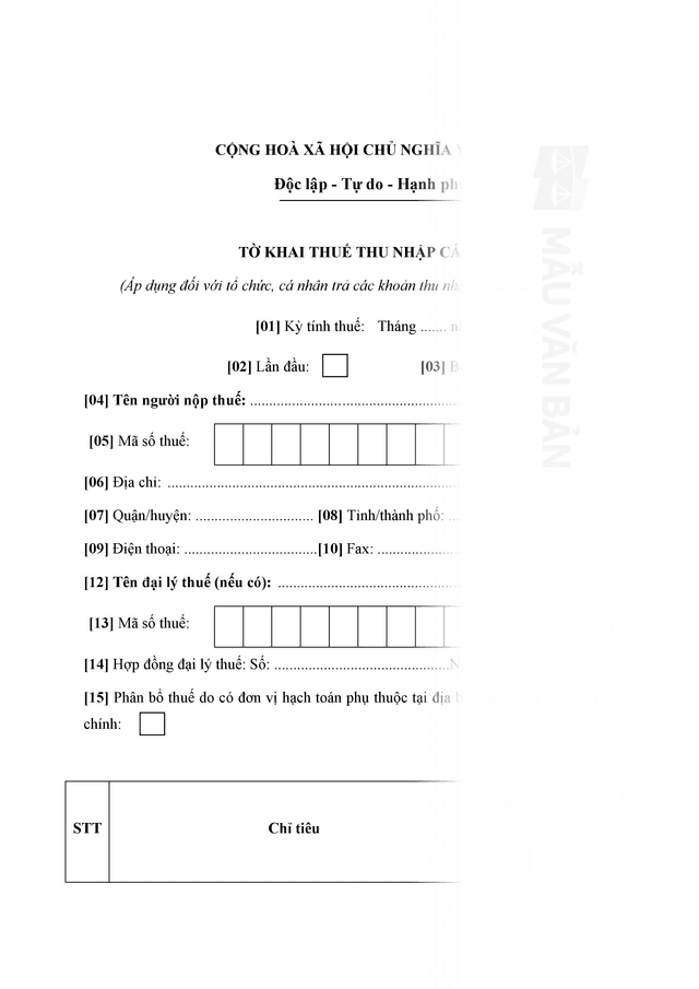 Tờ khai thuế thu nhập cá nhân