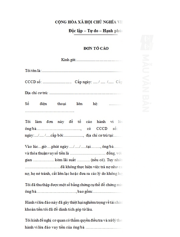 Mẫu đơn tố cáo lừa đảo vay tiền