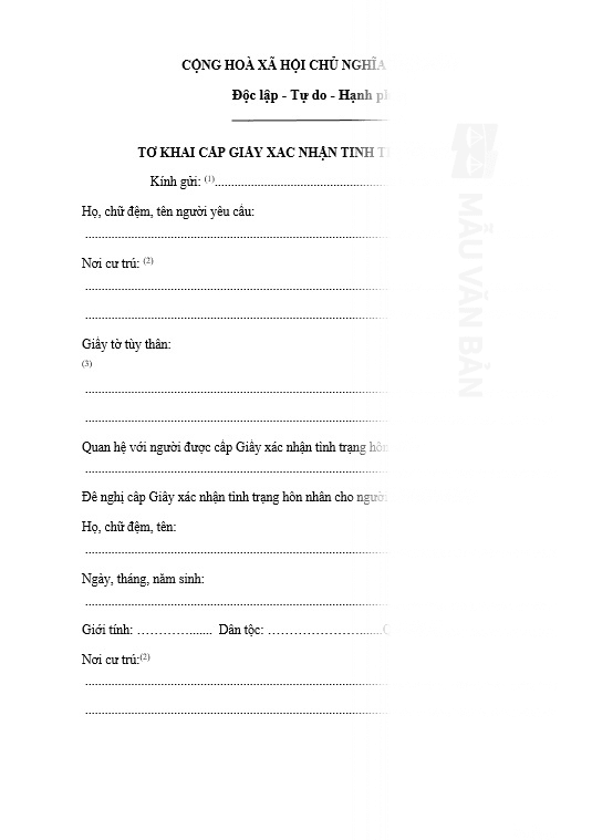 Mẫu đơn xác nhận vợ chồng