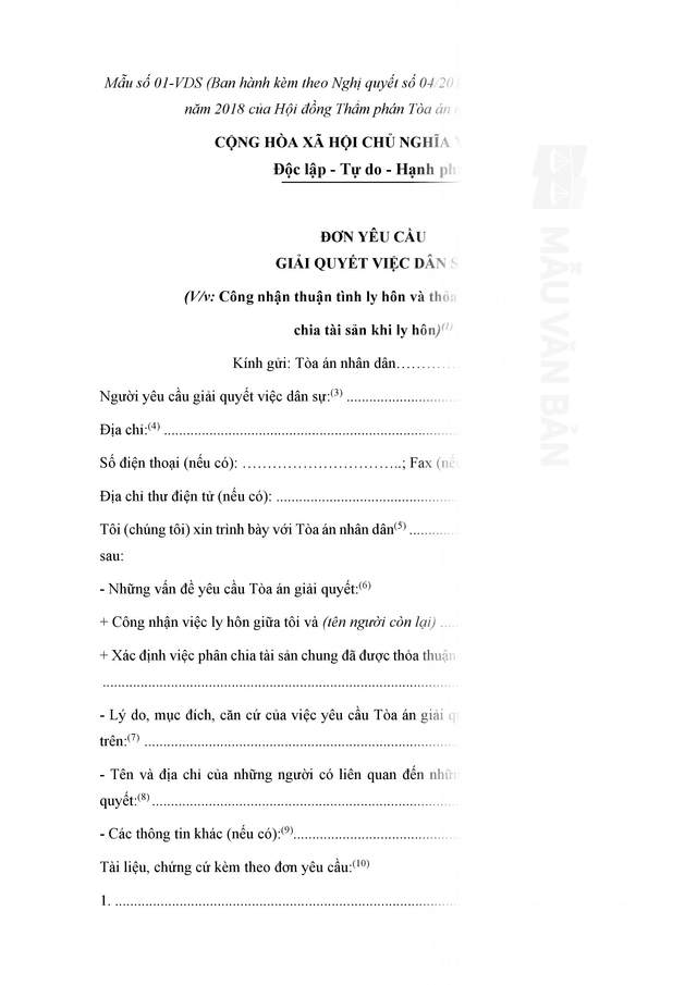 Đơn xin ly hôn thuận tình