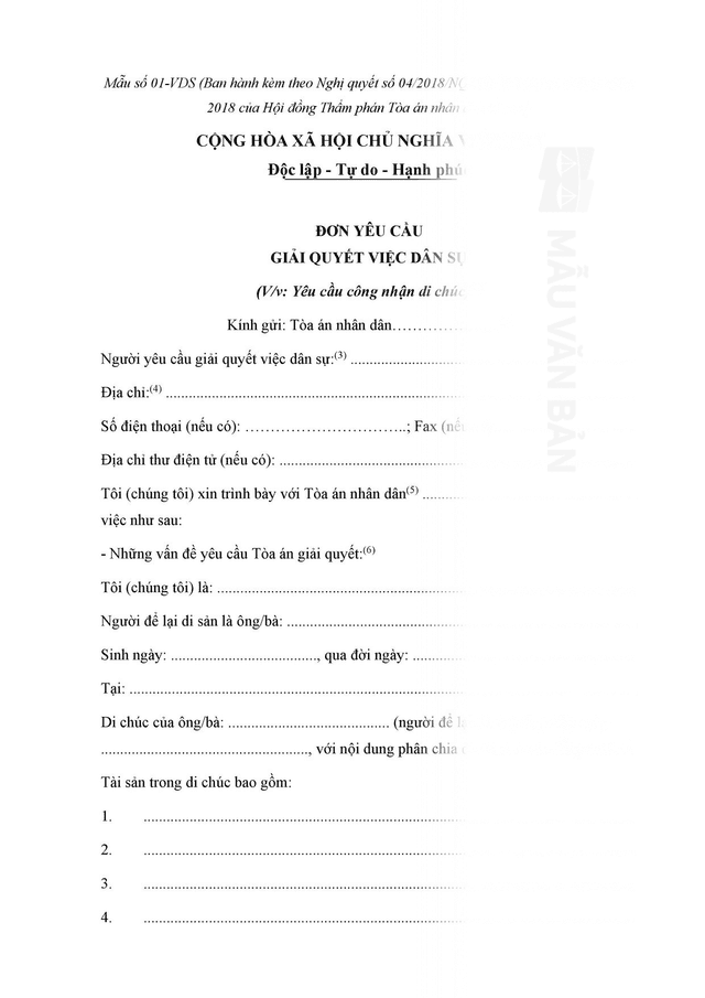 Đơn yêu cầu công nhận di chúc
