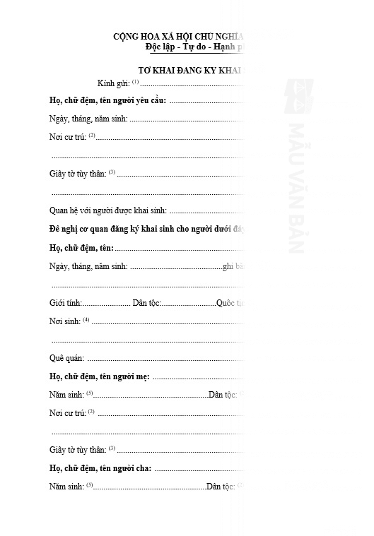 Mẫu đơn đăng kí khai sinh