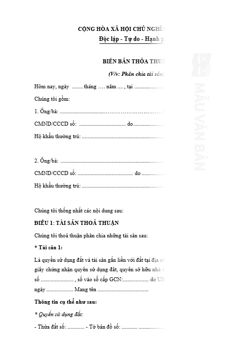 Biên bản phân chia tài sản 