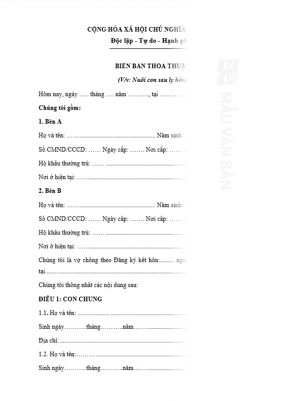 Biên bản thỏa thuận nuôi con sau ly hôn
