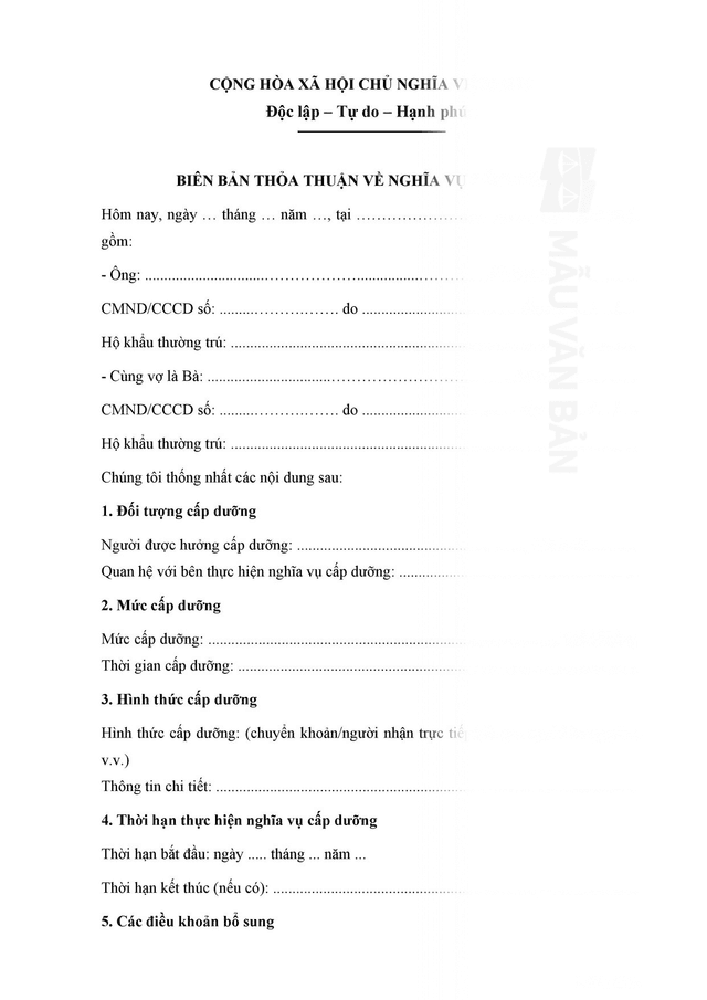 Biên bản thỏa thuận về nghĩa vụ cấp dưỡng
