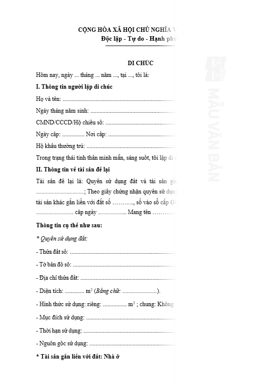 Mẫu di chúc thừa kế nhà đất