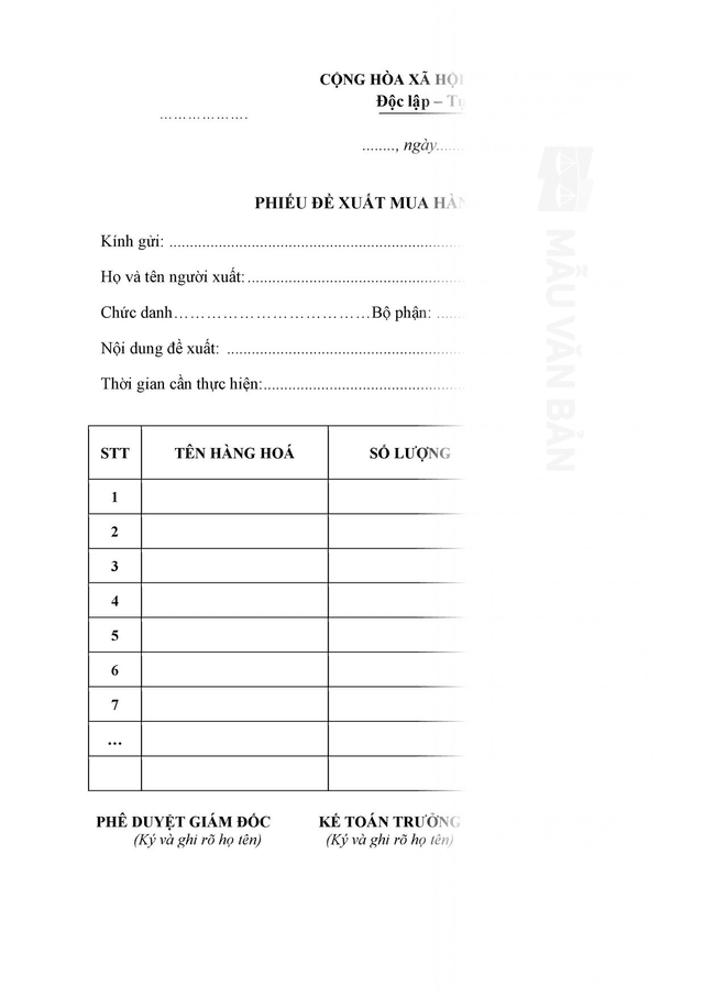 Phiếu đề xuất mua hàng