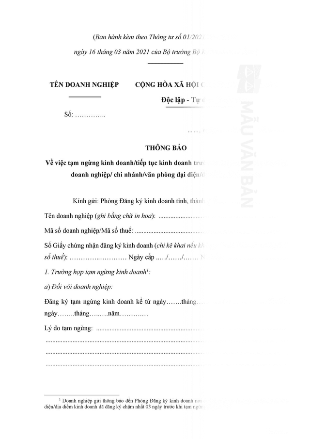 Mẫu đơn tạm ngừng kinh doanh