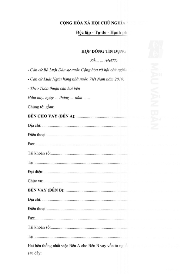 Mẫu hợp đồng tín dụng