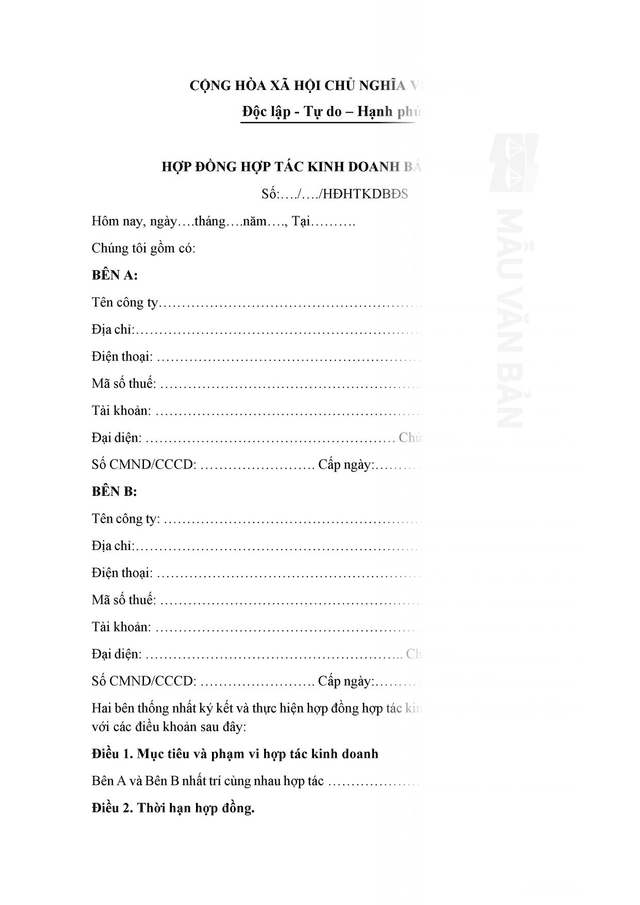 Hợp đồng hợp tác kinh doanh bất động sản