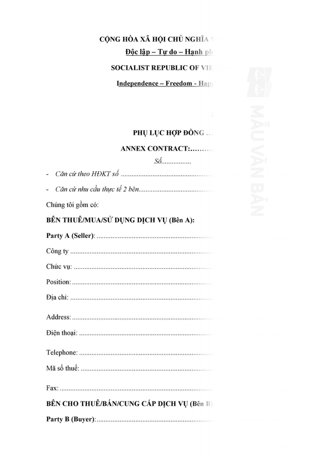 Mẫu Phụ lục hợp đồng song ngữ