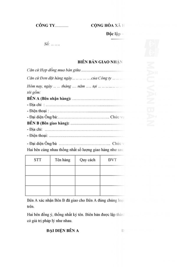 Mẫu Biên bản giao nhận hàng hóa