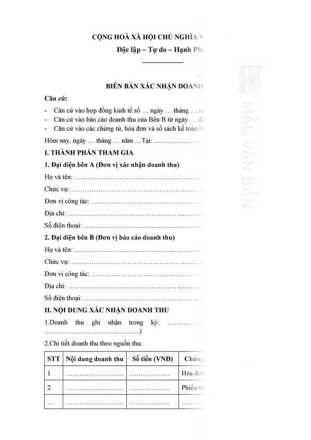 Biên bản xác nhận doanh thu