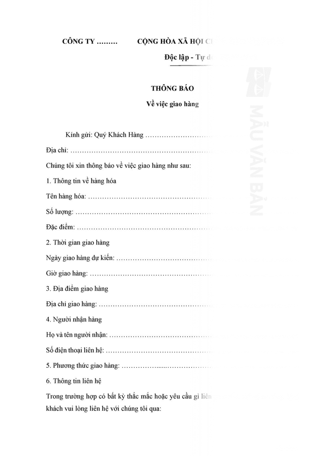 Mẫu thông báo giao hàng