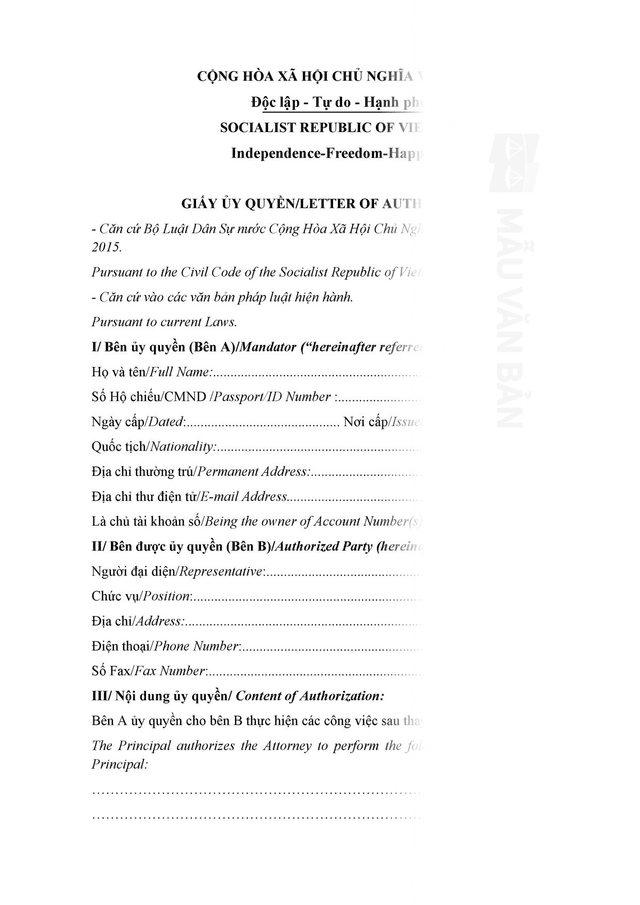 Mẫu giấy ủy quyền song ngữ