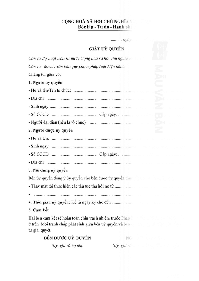 Giấy ủy quyền thu hồi nợ