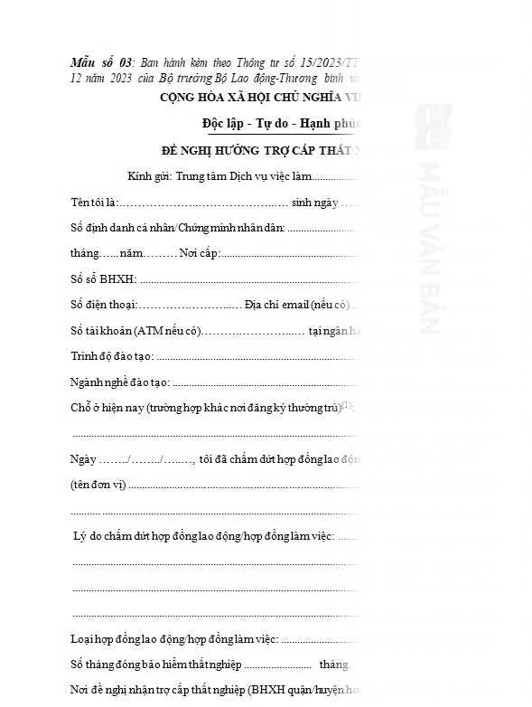 Đơn xin bảo hiểm thất nghiệp