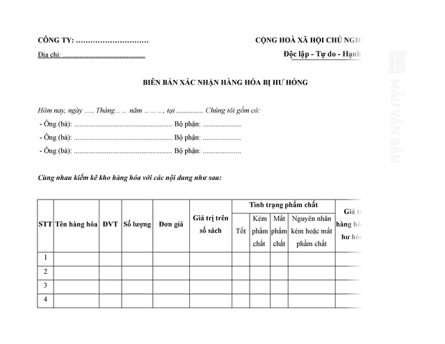 Biên bản xác nhận hàng hoá bị hỏng