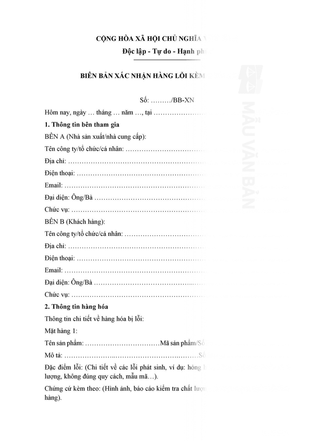 Biên bản xác nhận hàng lỗi kèm chất lượng