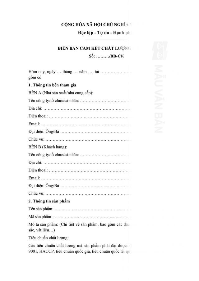 Mẫu biên bản cam kết chất lượng sản phẩm