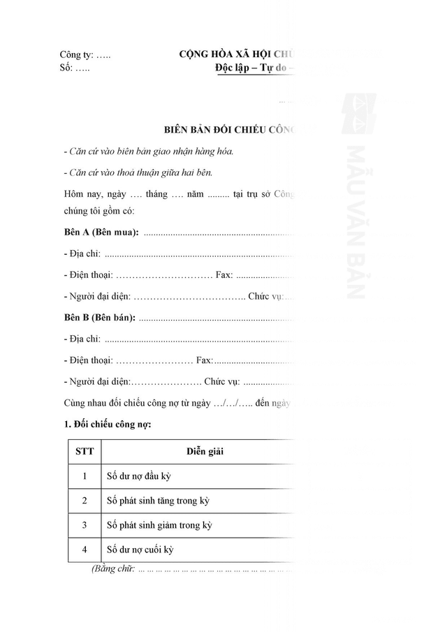 Mẫu biên bản đối chiếu công nợ