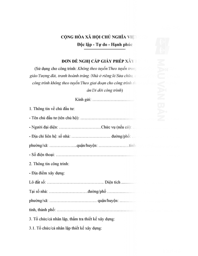 Đơn đề nghị cấp giấy phép xây dựng