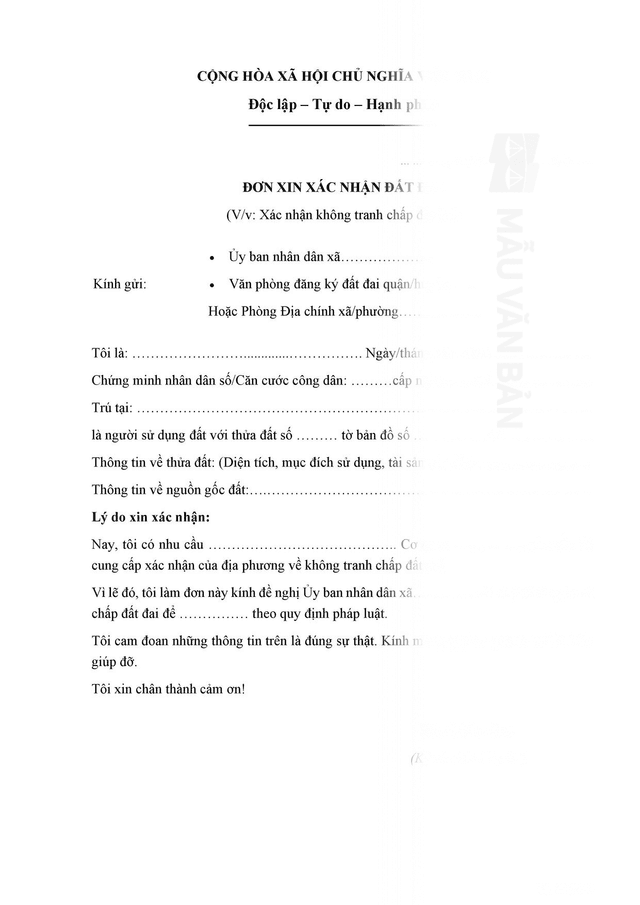  Mẫu đơn xin xác nhận tình trạng thửa đất