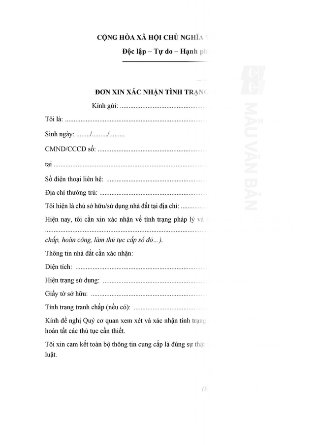 Đơn xin xác nhận tình trạng nhà đất