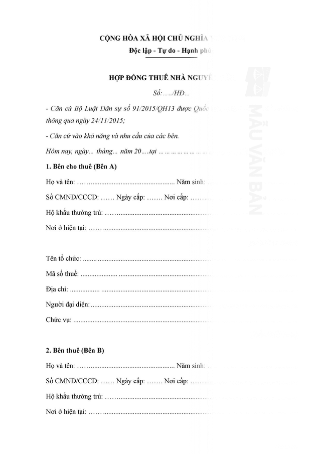 Mẫu hợp đồng thuê nhà nguyên căn