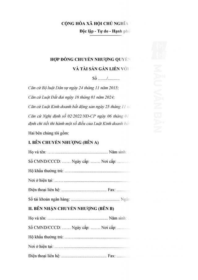 Mẫu hợp đồng mua bán đất có người làm chứng
