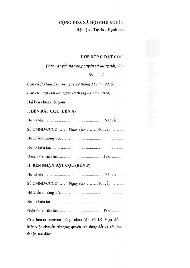 Hợp đồng đặt cọc mua bán nhà đất