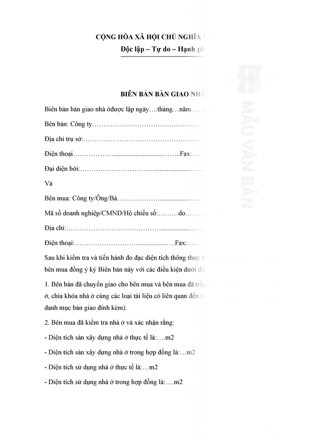 Biên bản bàn giao nhà