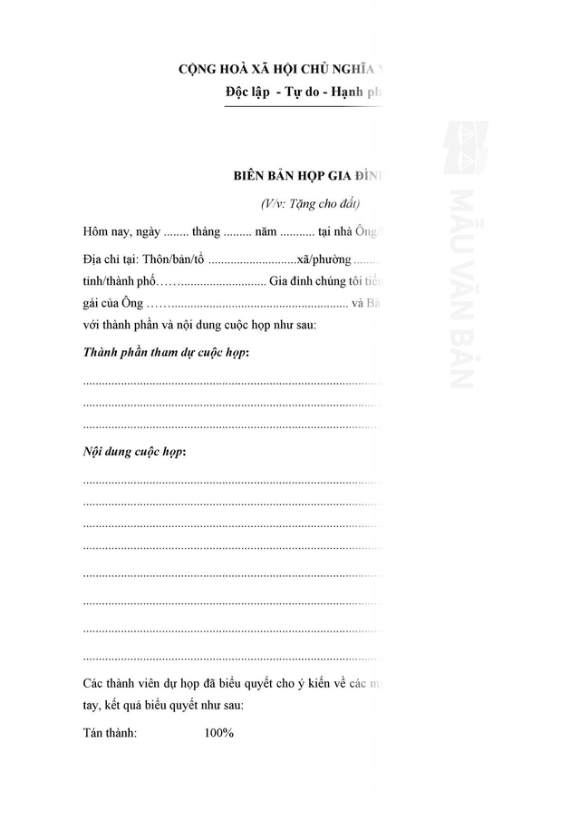 Biên bản họp gia đình cho tặng đất