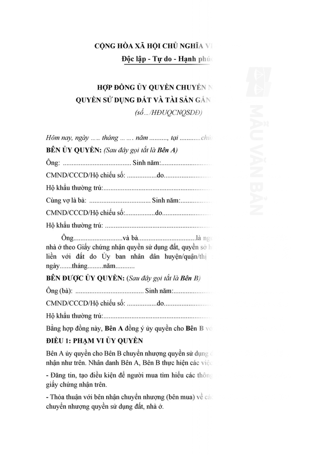 Mẫu giấy ủy quyền bán nhà đất