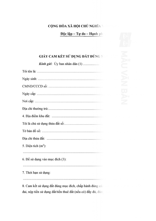 Mẫu giấy cam kết sử dụng đất đúng mục đích